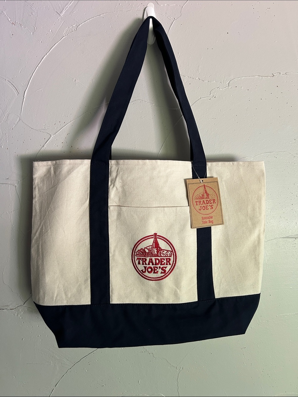 NWT Trader Joe's Cream and Navy Canvas Tote Bag